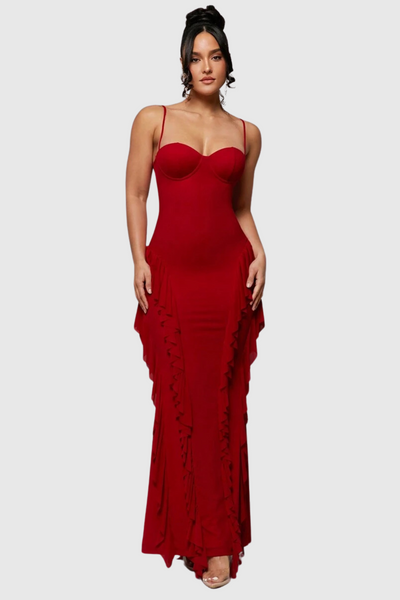 Floren | Rode Vlammen Ruffle Maxi-jurk